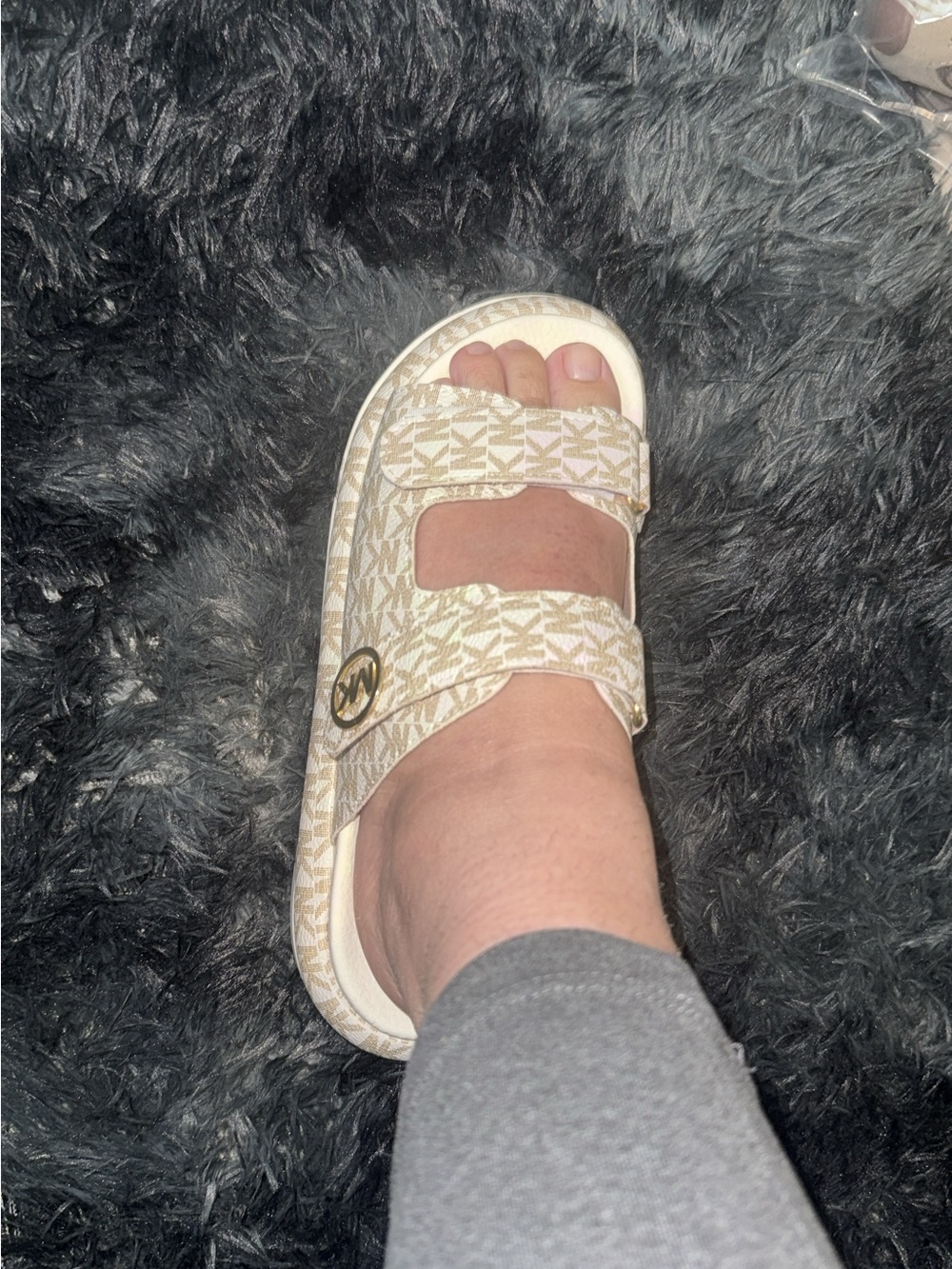 Michael Kors  Cream Logo Double-Strap Slide Sandals